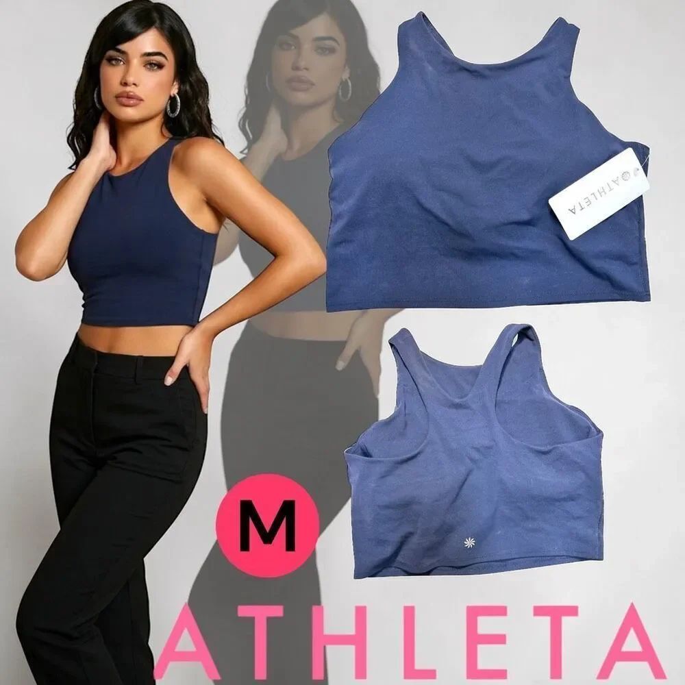 NWT Athleta Women's Crew Neck Raceback Conscious Crop Sports Bra Blue Medium